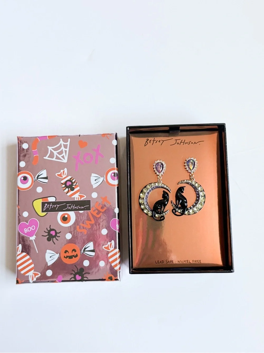 Betsey Johnson Crescent Moon & Black Cat Drop Earrings